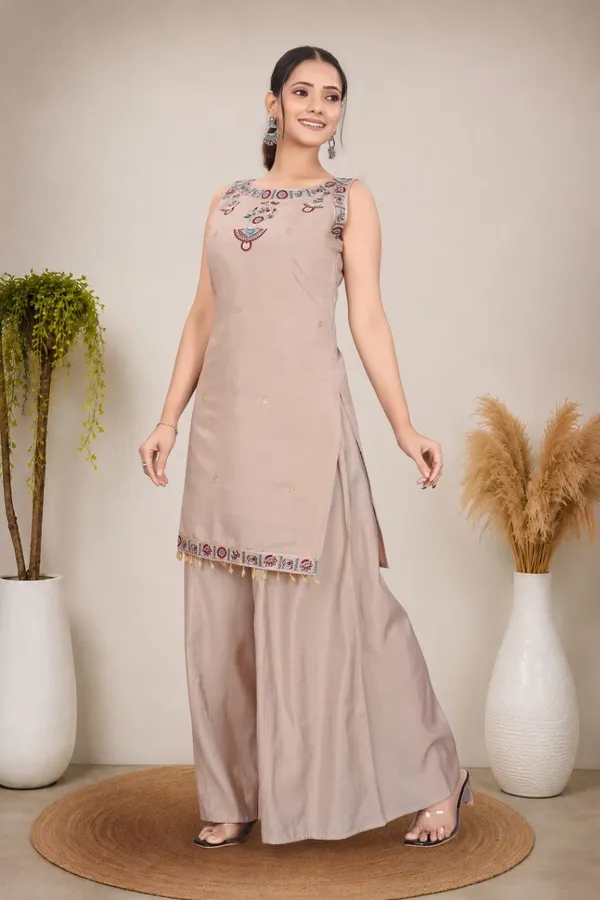 Beige_Roman_Silk_Sleeveless_Embroidered_Kurta_Set_For_Women