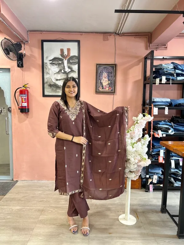 Brown_Roman_Silk_Embroidered_Straight_Kurta_Set_For_Women