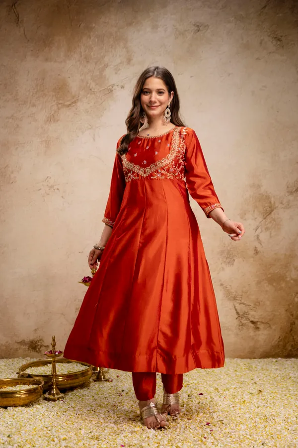 Orange_Vichitra_Silk_Straight_Kurta_Set_For_Women