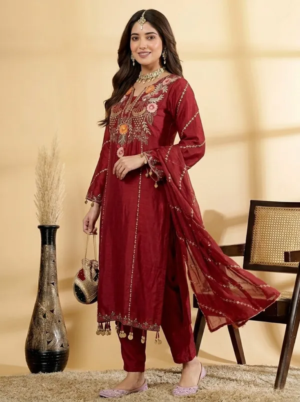 Maroon_Viscose_Chanderi_Embroidered_Sharara_Suit_Set_For_Women