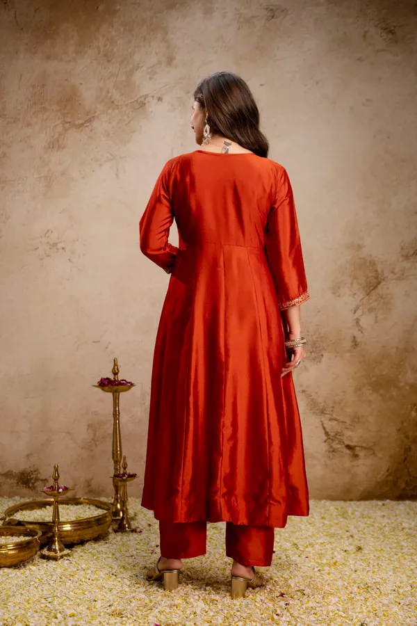 Orange_Vichitra_Silk_Straight_Kurta_Set_For_Women