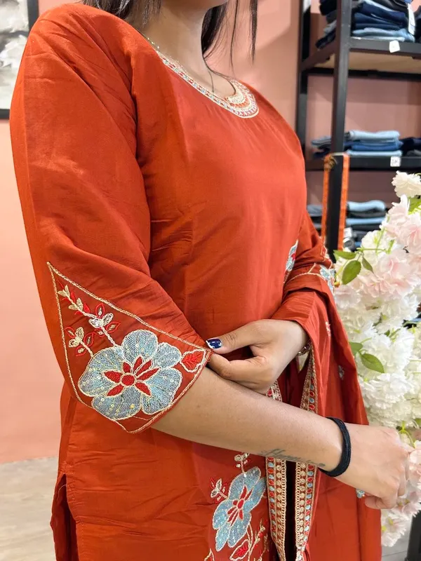 Rust_Orange_Roman_Silk_Embroidered_Kurta_Palazzo_Set_For_Women