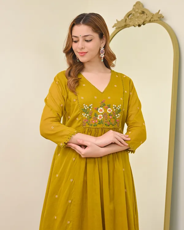 Mustard_Mull_Chanderi_Floral_Anarkali_Kurta_Set_For_Women