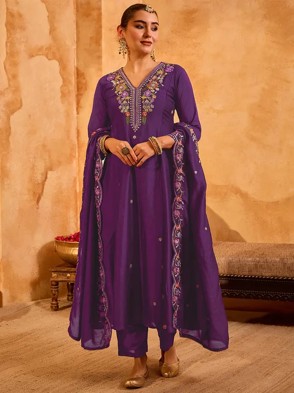 Purple_Chanderi_Silk_Straight_Embroidered_Kurta_Set_For_Women