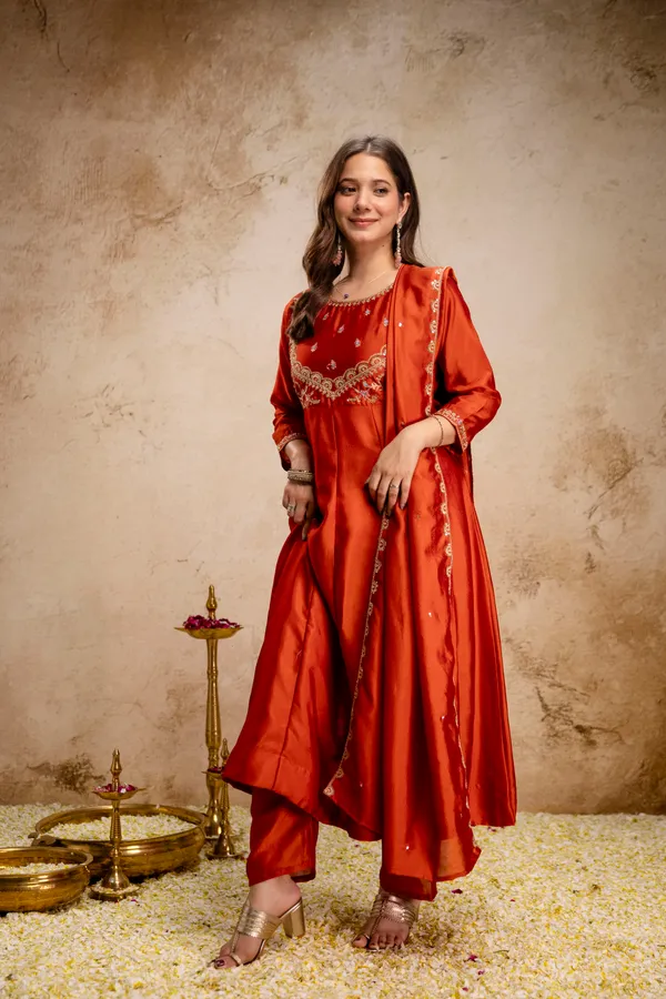 Orange_Vichitra_Silk_Straight_Kurta_Set_For_Women
