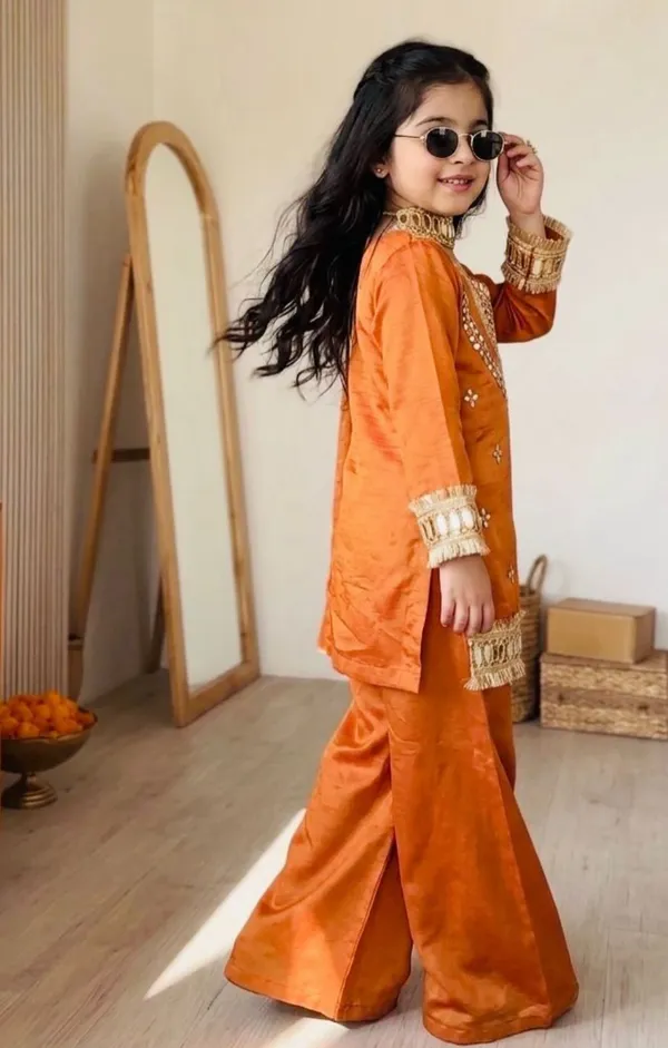 Orange_Chinon_Silk_Straight_Embellished_Kurta_Set_For_Girls