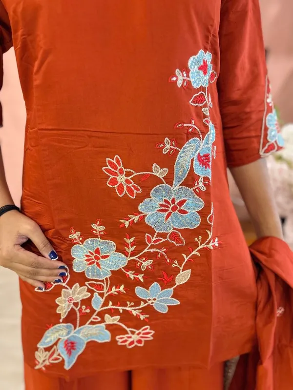 Rust_Orange_Roman_Silk_Embroidered_Kurta_Palazzo_Set_For_Women
