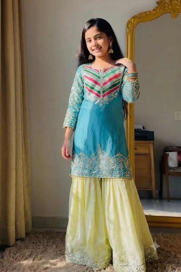 Turquoise_Silk_Embroidered_Straight_Kurta_Set_For_Girls