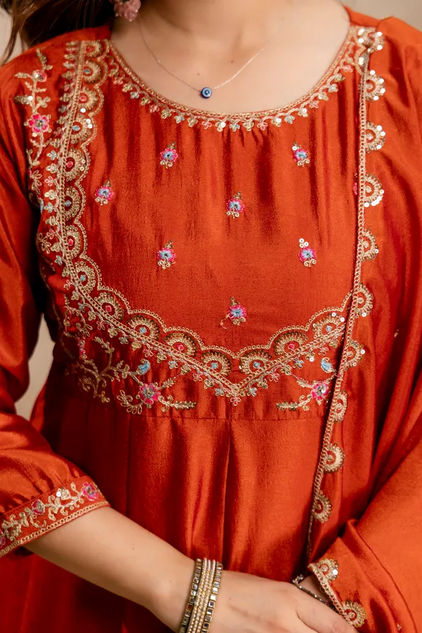 Orange_Vichitra_Silk_Straight_Kurta_Set_For_Women