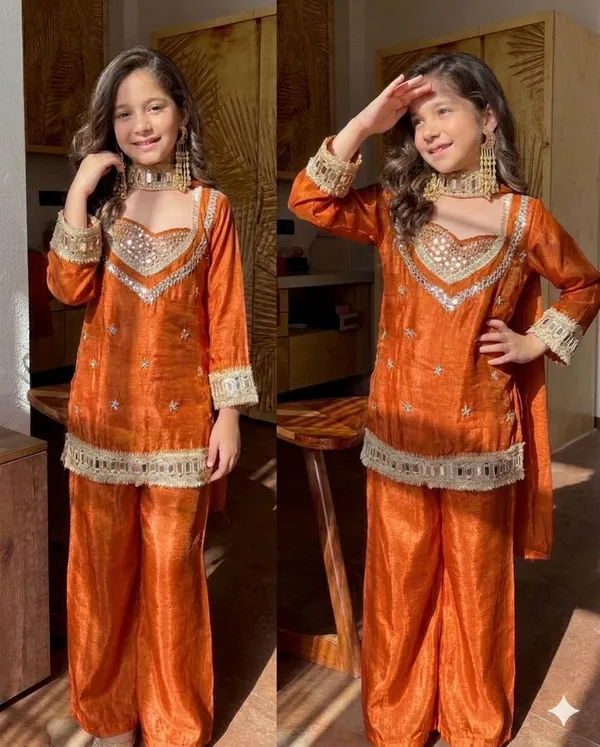 Orange_Chinon_Silk_Straight_Embellished_Kurta_Set_For_Girls