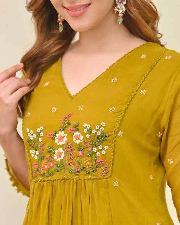Mustard_Mull_Chanderi_Floral_Anarkali_Kurta_Set_For_Women