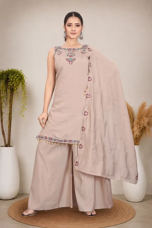 Beige_Roman_Silk_Sleeveless_Embroidered_Kurta_Set_For_Women