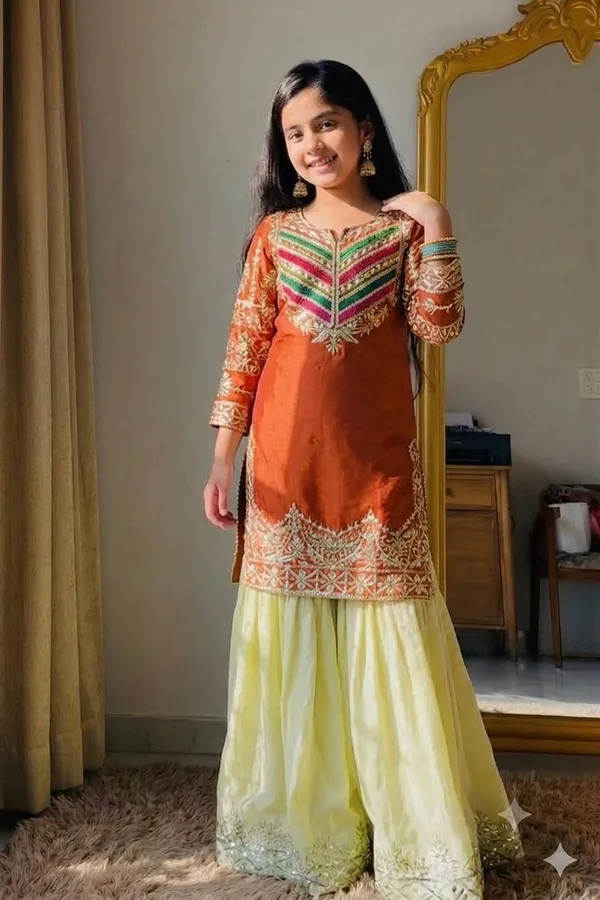 Orange_Silk_Embroidered_Kurta_Sharara_Set_For_Girls