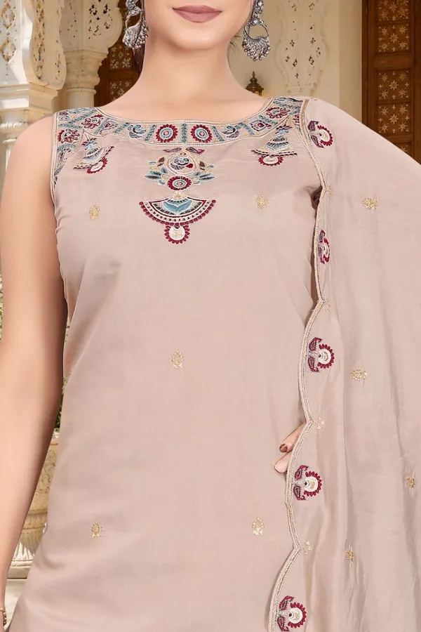 Beige_Roman_Silk_Sleeveless_Embroidered_Kurta_Set_For_Women