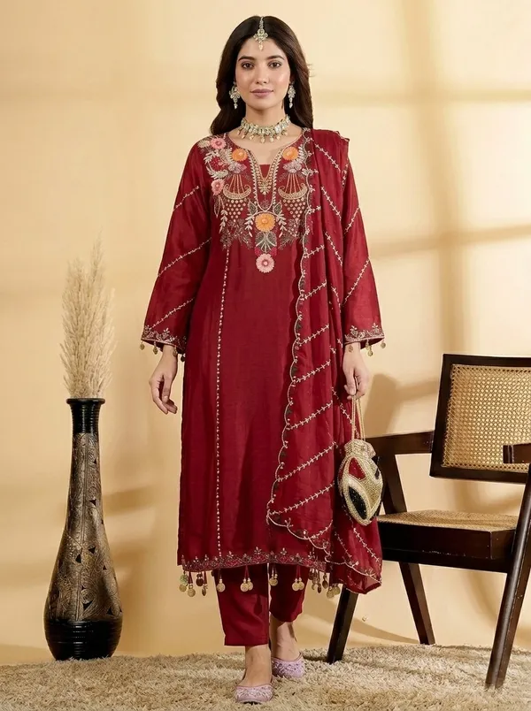 Maroon_Viscose_Chanderi_Embroidered_Sharara_Suit_Set_For_Women