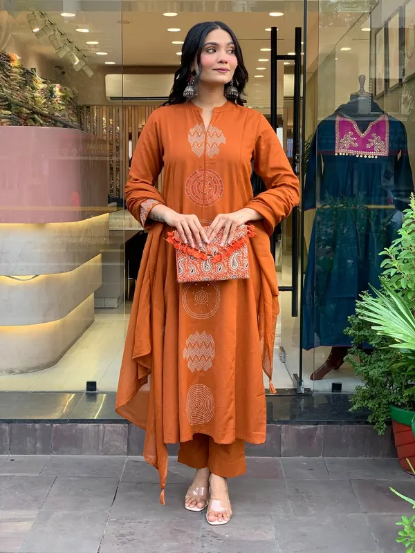 Orange_Chanderi_Silk_Printed_Straight_Kurta_Set_For_Women
