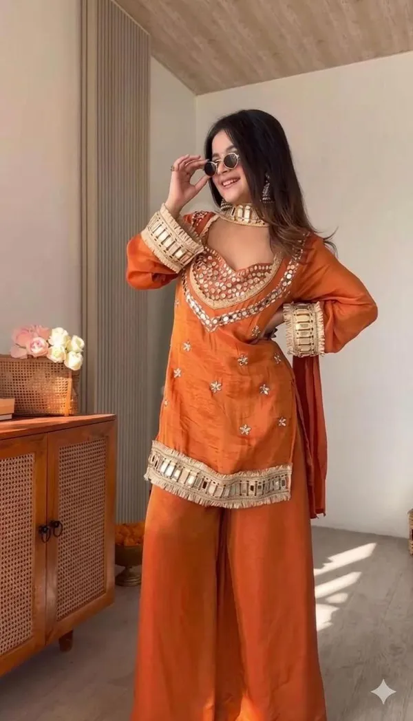 Orange_Chinon_Silk_Straight_Embellished_Kurta_Set_For_Girls
