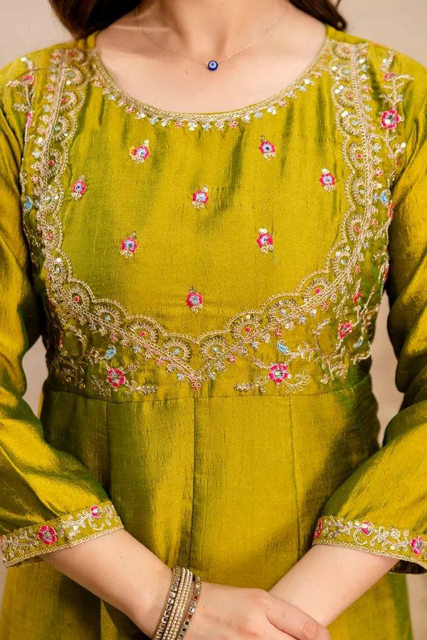 Green_Vichitra_Silk_Straight_Anarkali_Suit_Set_For_Women