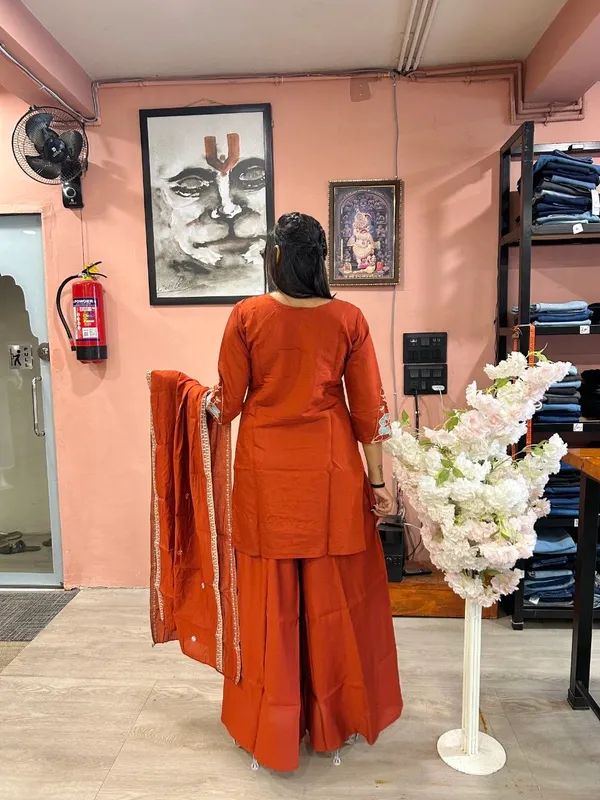 Rust_Orange_Roman_Silk_Embroidered_Kurta_Palazzo_Set_For_Women
