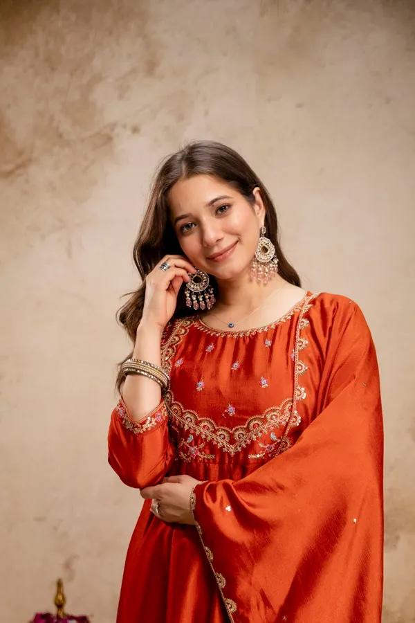 Orange_Vichitra_Silk_Straight_Kurta_Set_For_Women