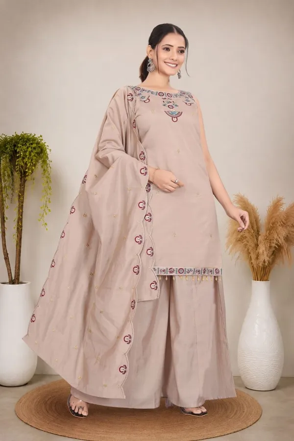 Beige_Roman_Silk_Sleeveless_Embroidered_Kurta_Set_For_Women