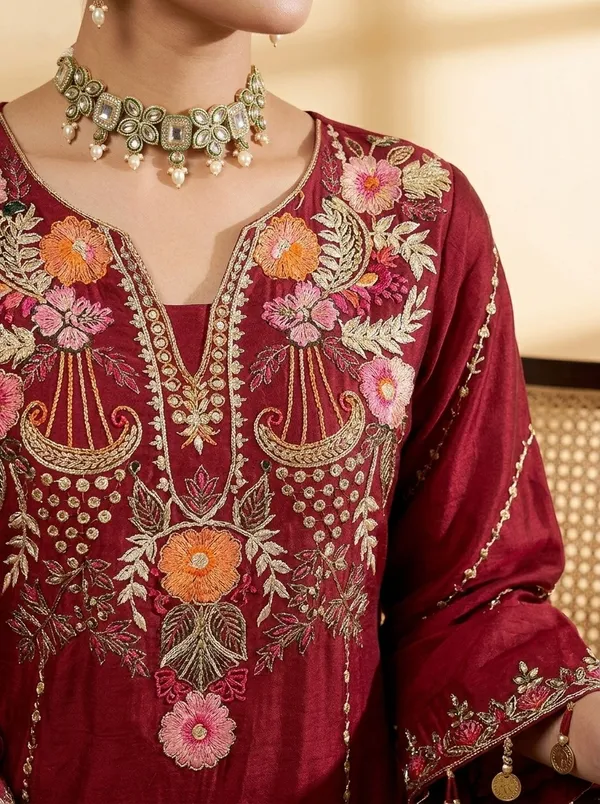 Maroon_Viscose_Chanderi_Embroidered_Sharara_Suit_Set_For_Women