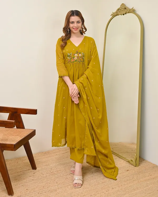 Mustard_Mull_Chanderi_Floral_Anarkali_Kurta_Set_For_Women