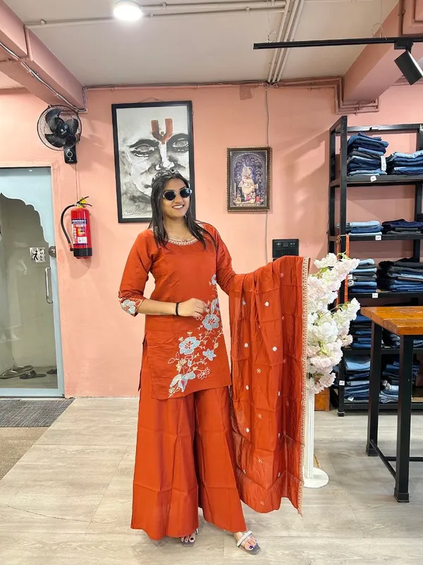 Rust_Orange_Roman_Silk_Embroidered_Kurta_Palazzo_Set_For_Women