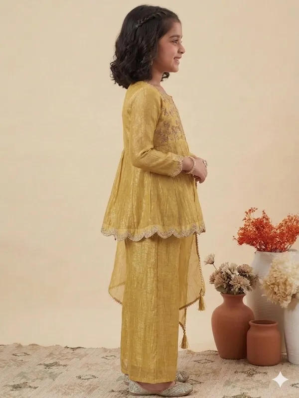 Mustard_Crunchi_Silk_Embroidered_Straight_Kurta_Set_For_Girls
