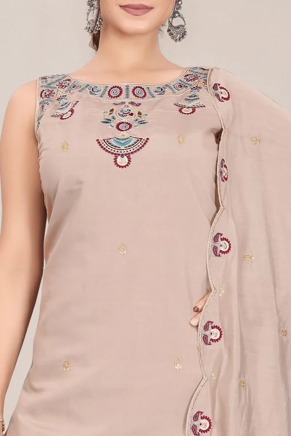 Beige_Roman_Silk_Sleeveless_Embroidered_Kurta_Set_For_Women