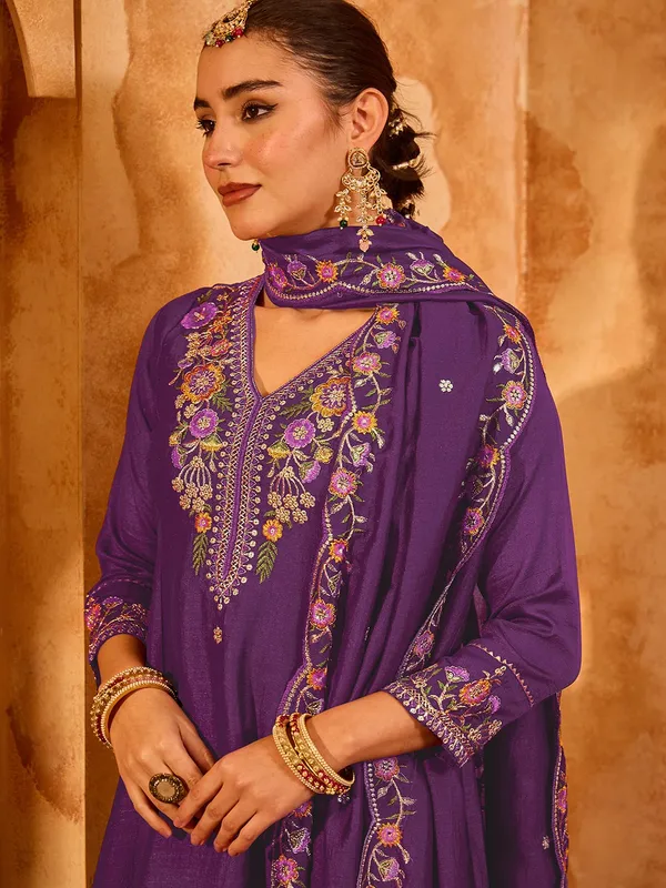 Purple_Chanderi_Silk_Straight_Embroidered_Kurta_Set_For_Women
