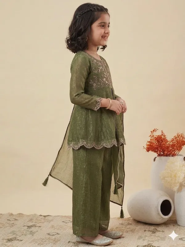 Olive_Green_Crunchi_Silk_Straight_Embroidered_Kurta_Set_For_Girls
