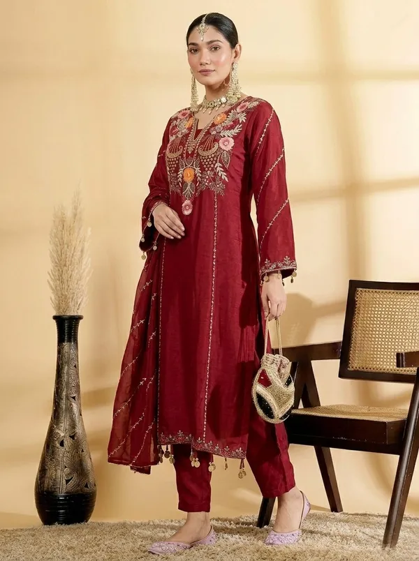 Maroon_Viscose_Chanderi_Embroidered_Sharara_Suit_Set_For_Women