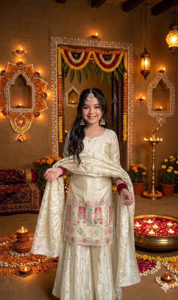 Cream_Chinon_Silk_Traditional_Lehenga_Set_For_Girls