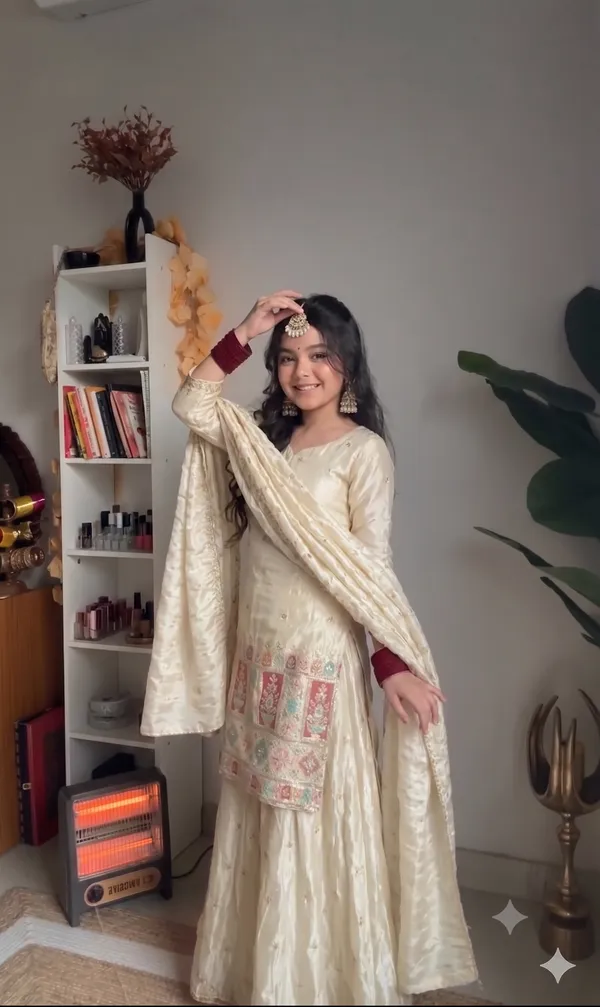 Cream_Chinon_Silk_Traditional_Lehenga_Set_For_Girls