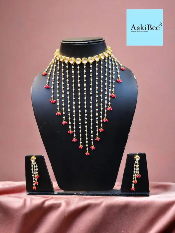 Golden_And_Pink_Kundan_And_Pearl_Layered_Necklace_Set_For_Women