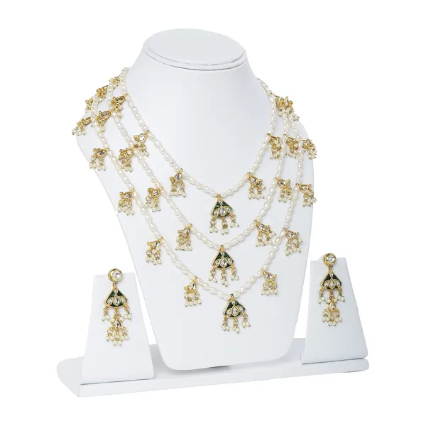 White_Green_Pearl_Kundan_Triple_Strand_Necklace_Set_For_Women