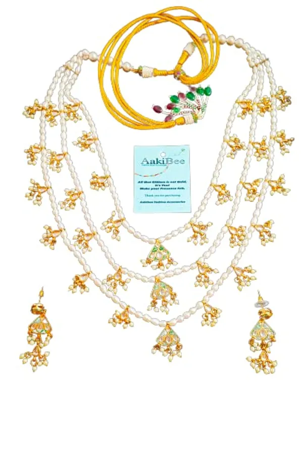 White_Green_Pearl_Kundan_Triple_Strand_Necklace_Set_For_Women