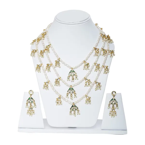 White_Green_Pearl_Kundan_Triple_Strand_Necklace_Set_For_Women