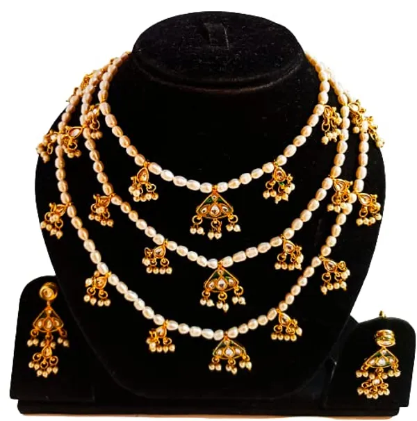 White_Green_Pearl_Kundan_Triple_Strand_Necklace_Set_For_Women