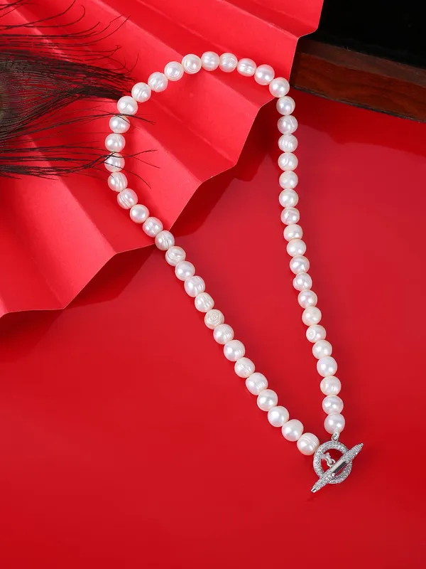 White_Real_Pearl_Zirconia_Lock_Pendant_Choker_Necklace_For_Women