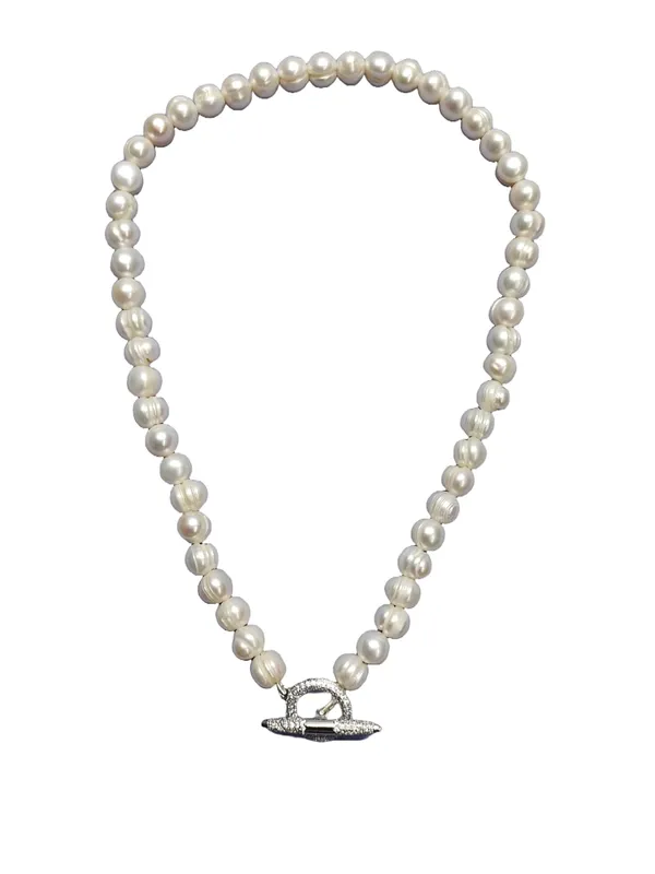 White_Real_Pearl_Zirconia_Lock_Pendant_Choker_Necklace_For_Women