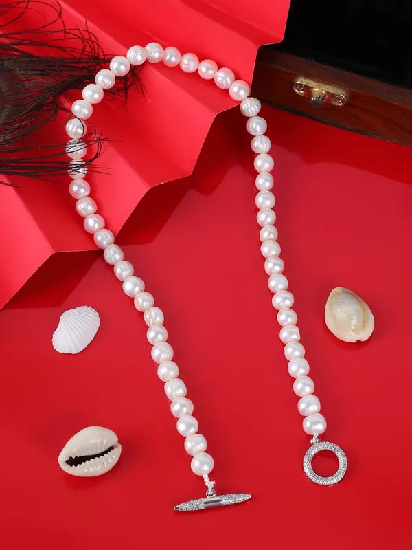 White_Real_Pearl_Zirconia_Lock_Pendant_Choker_Necklace_For_Women
