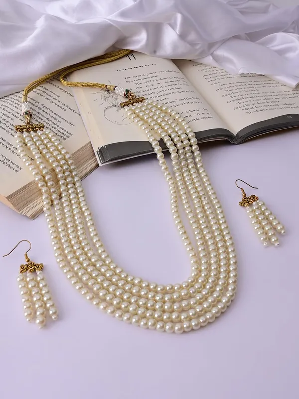 White_Pearl_Five_Layer_Necklace_Set_With_Earrings_For_Women
