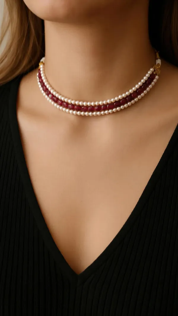 White_And_Red_Pearl_Semi-Precious_Stone_Three-Layer_Choker_For_Women
