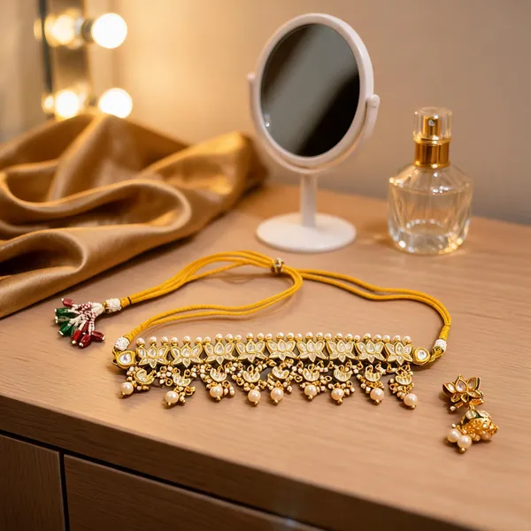 Golden_Kundan_Floral_Lotus_Choker_Necklace_Set_For_Women