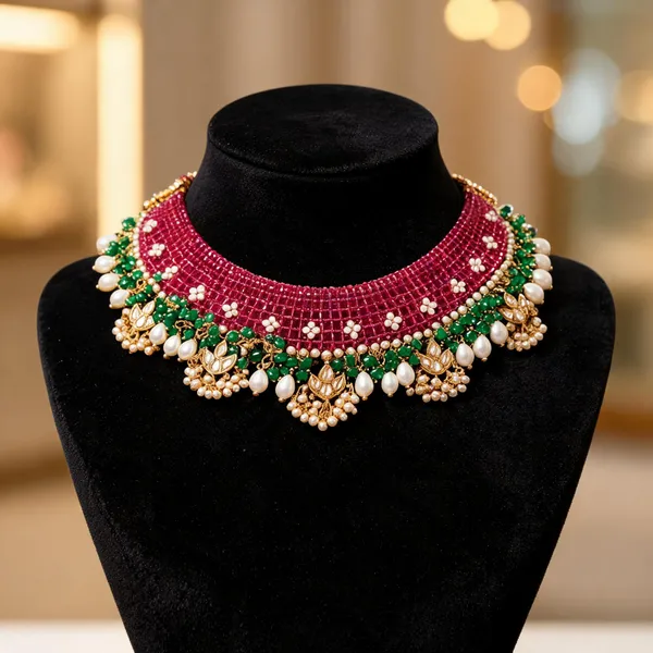 Pink_And_Green_Kundan_Pearl_Bridal_Choker_Necklace_Set_For_Women