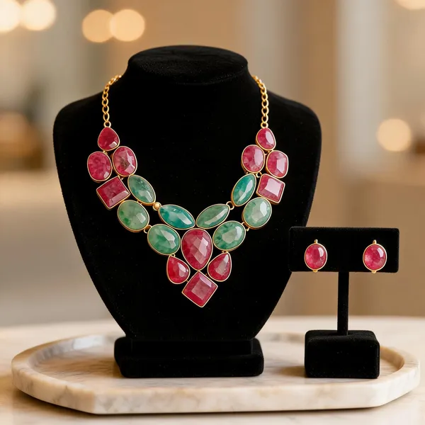 Pink_Green_Semi-Precious_Stone_Necklace_Set_For_Women