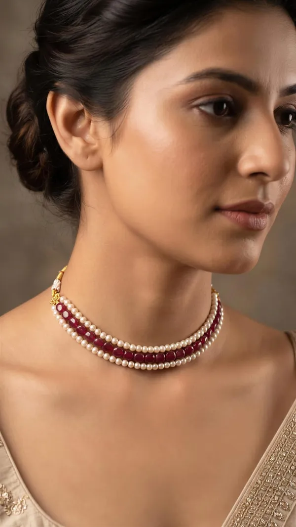 White_And_Red_Pearl_Semi-Precious_Stone_Three-Layer_Choker_For_Women