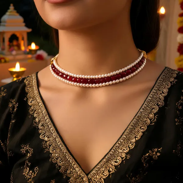 White_And_Red_Pearl_Semi-Precious_Stone_Three-Layer_Choker_For_Women
